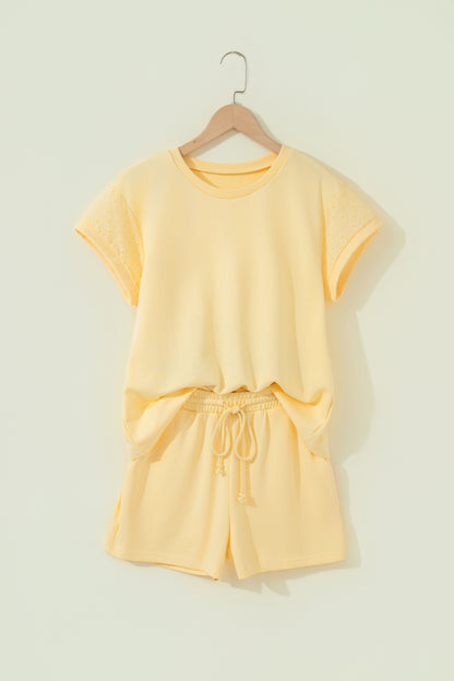 Solid Embroidered Eyelet Patchwork Top & Shorts Set