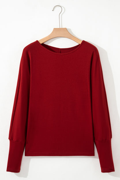 Solid Round Neck Extended Cuff Long Sleeve Top