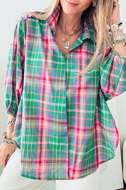 Plaid 3/4 Sleeve Collared Shirt