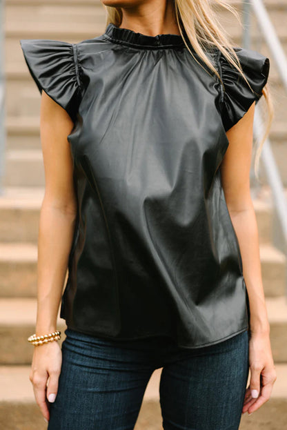 Leather Frilled Ruffle Trim Blouse