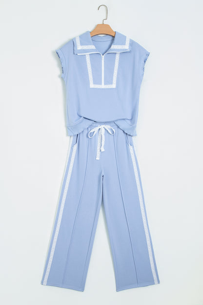 Lace Trim Zipped Top & Sweatpants Set