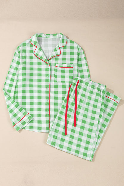 Plus Size Christmas Plaid Contrast Trim Pajama Set
