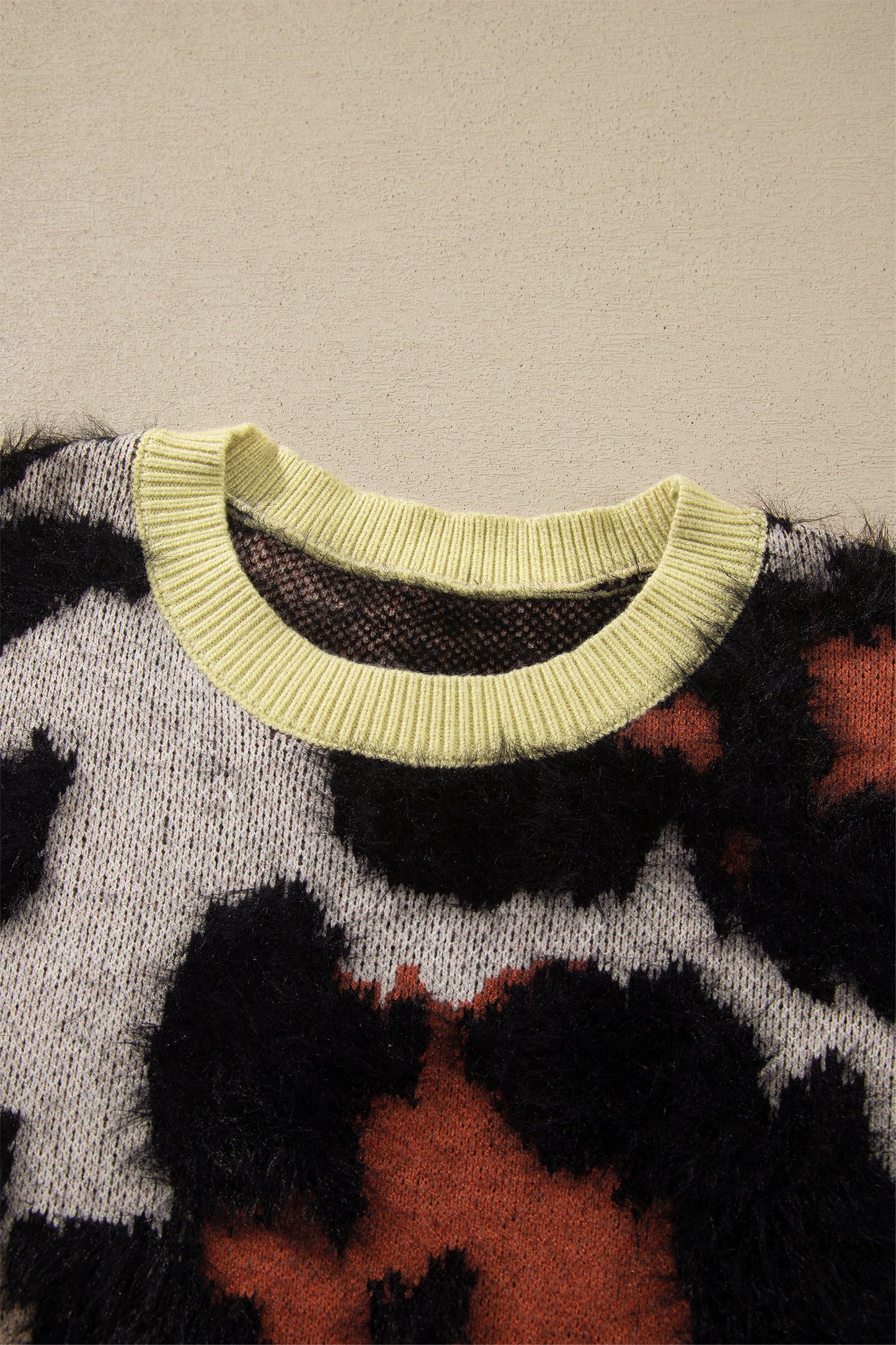 Leopard Colorblock Trim Drop Shoulder Fuzzy Sweater