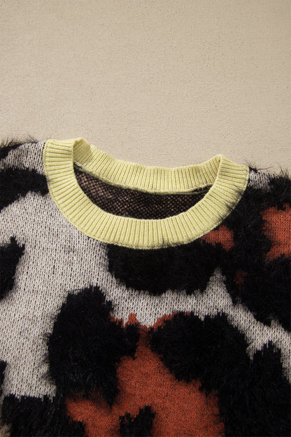 Leopard Colorblock Trim Drop Shoulder Fuzzy Sweater