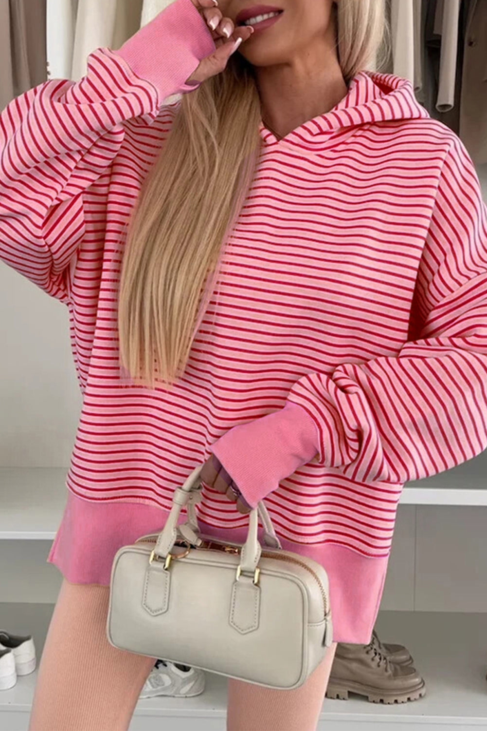 Stripe Thumbhole Drop Shoulder Sleeve Hoodie