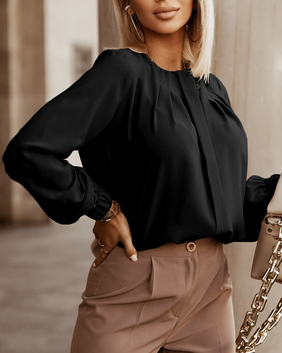 Pleated Crewneck Puff Sleeve Shirt