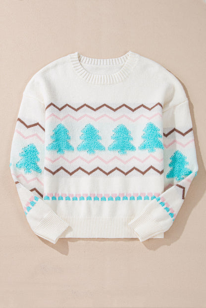 Christmas Tree Stripe Ribbed Trim Sweater