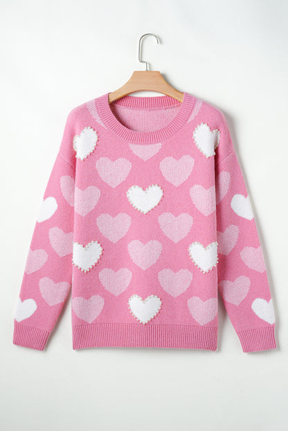 Heart Pearl Beaded Crewneck Sweater