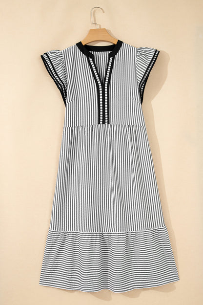 Stripe Contrast V-Neck Flutter Sleeve Midi Dress