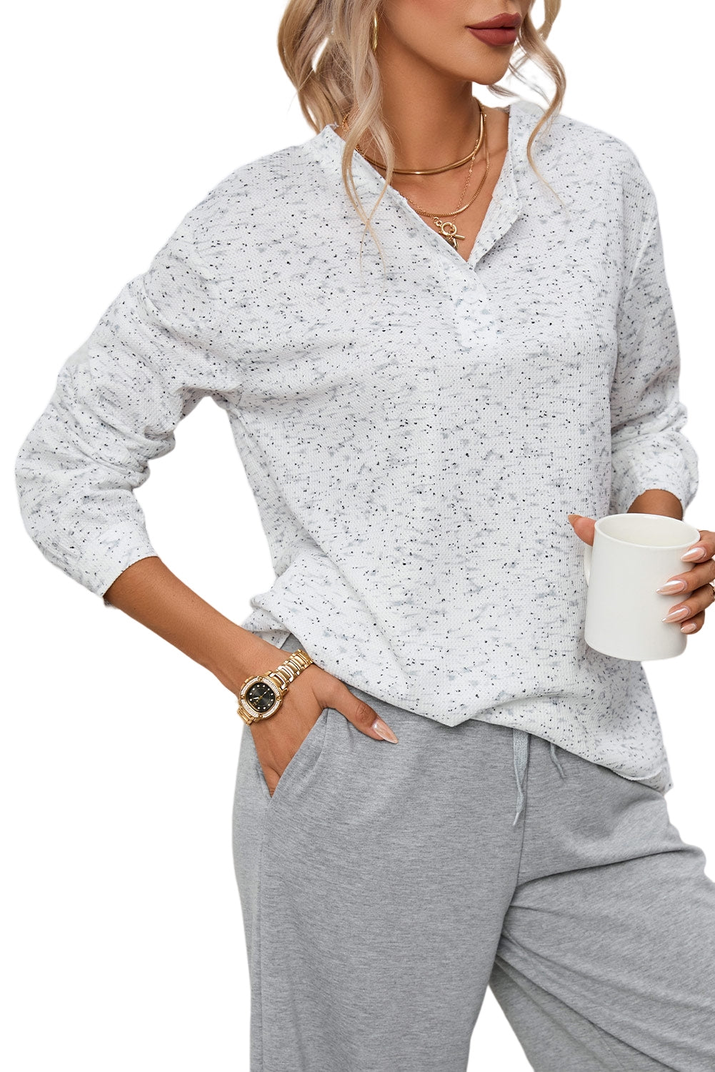 Speckled Waffle Knit Henley Top