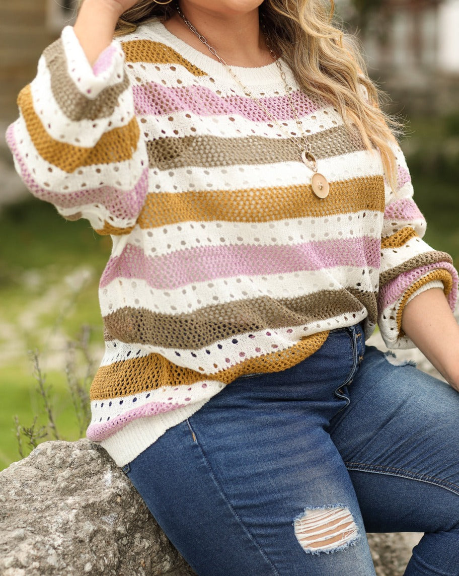 Stripe Hollowed Knit Sweater Plus Size