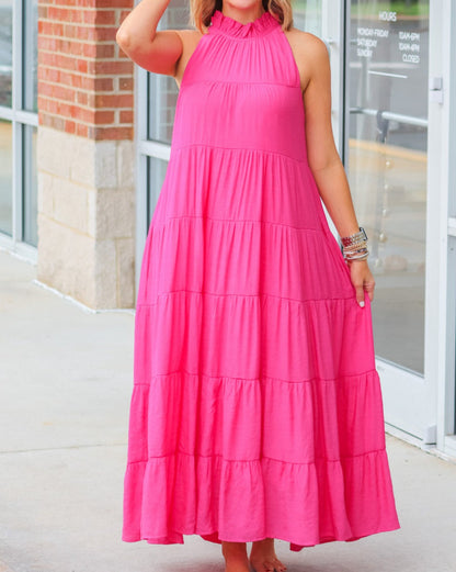 Frilled Neck Tiered Maxi Dress