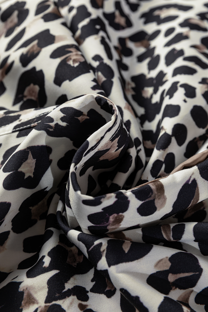 Leopard Button-Collar Contrast Patchwork Cuff Top