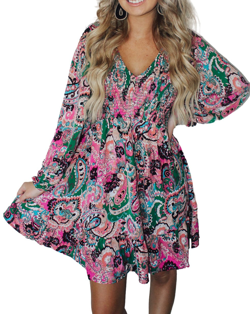 Paisley Ruffle Long Sleeve Dress