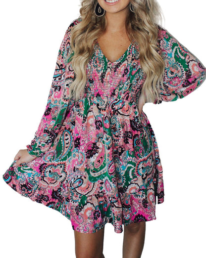 Paisley Ruffle Long Sleeve Dress