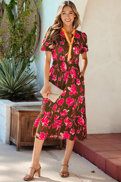 Floral Stripe Trim Short Puff Sleeve Maxi Dress