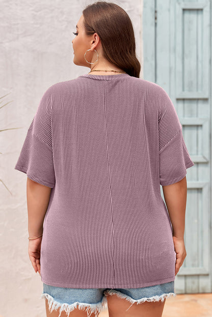 Plus Size Solid Corded Knit V-Neck T-Shirt