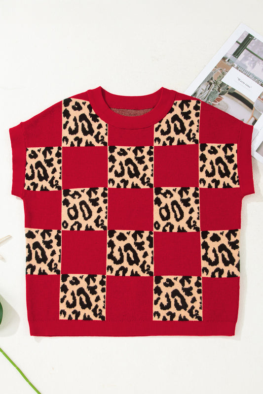 Leopard Checker Short Sleeve Knit Sweater