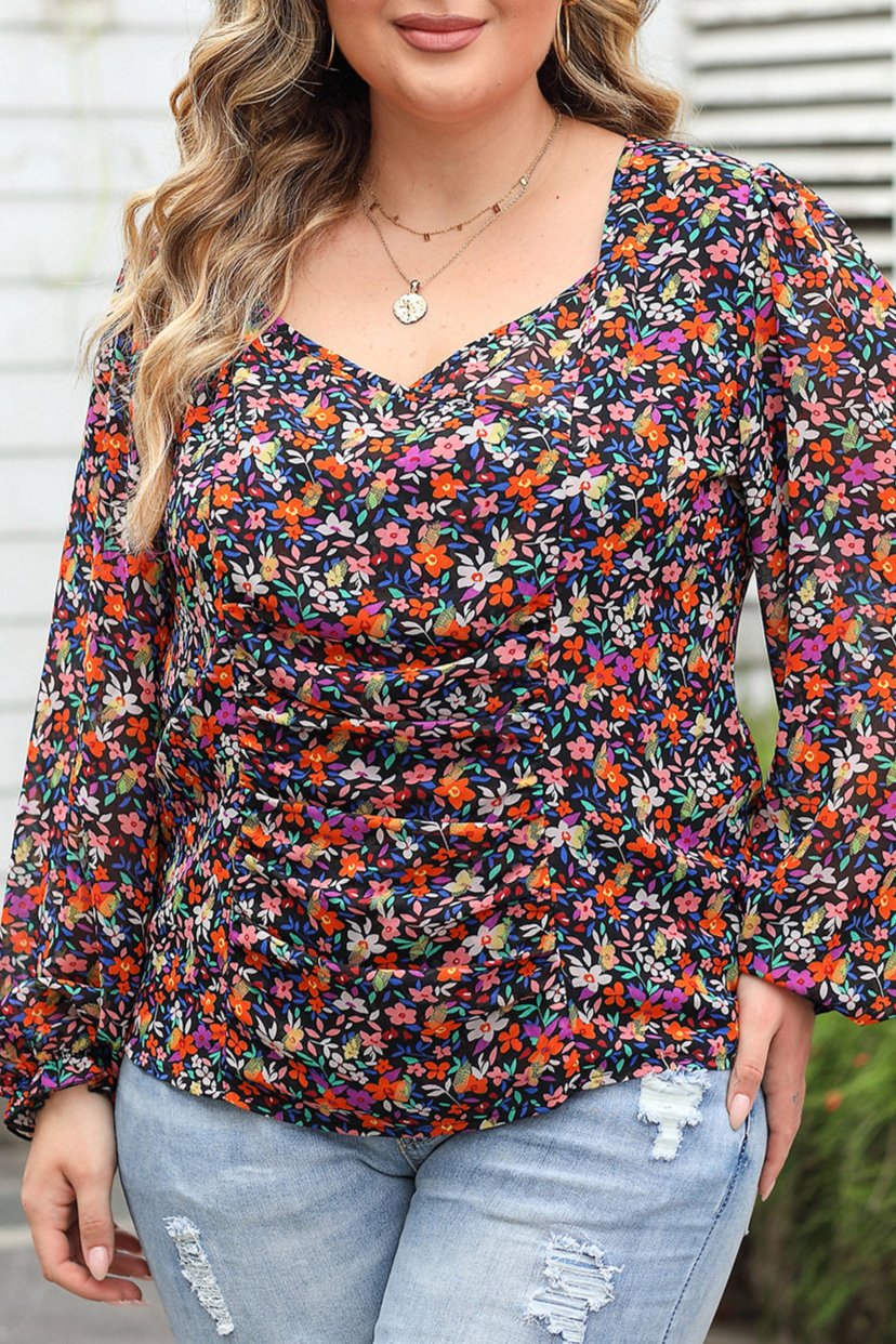 Plus Size Floral Bubble Sleeve Blouse