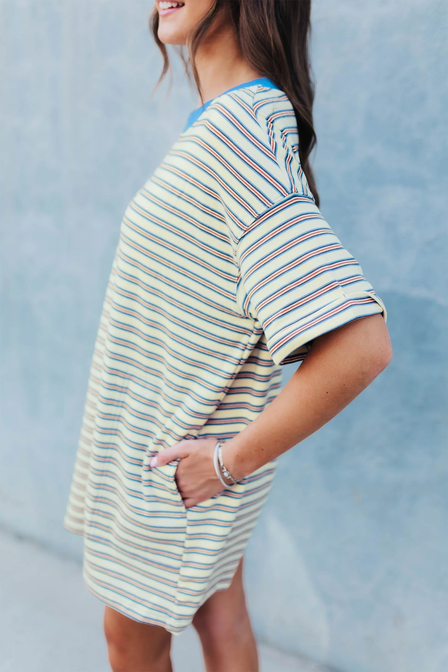 Stripe Cuffed Short Sleeve Mini T-Shirt Dress