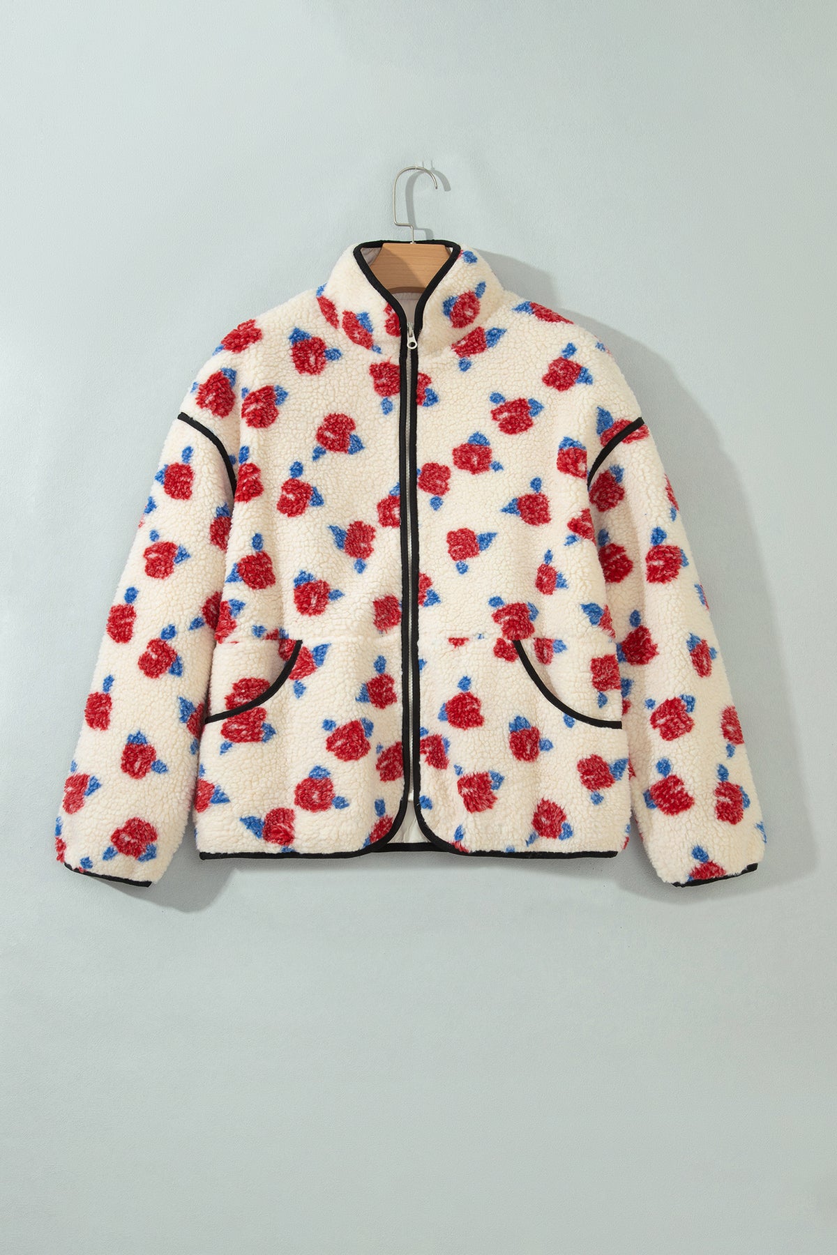 Floral Fleece Contrast Trim Zip Up Coat