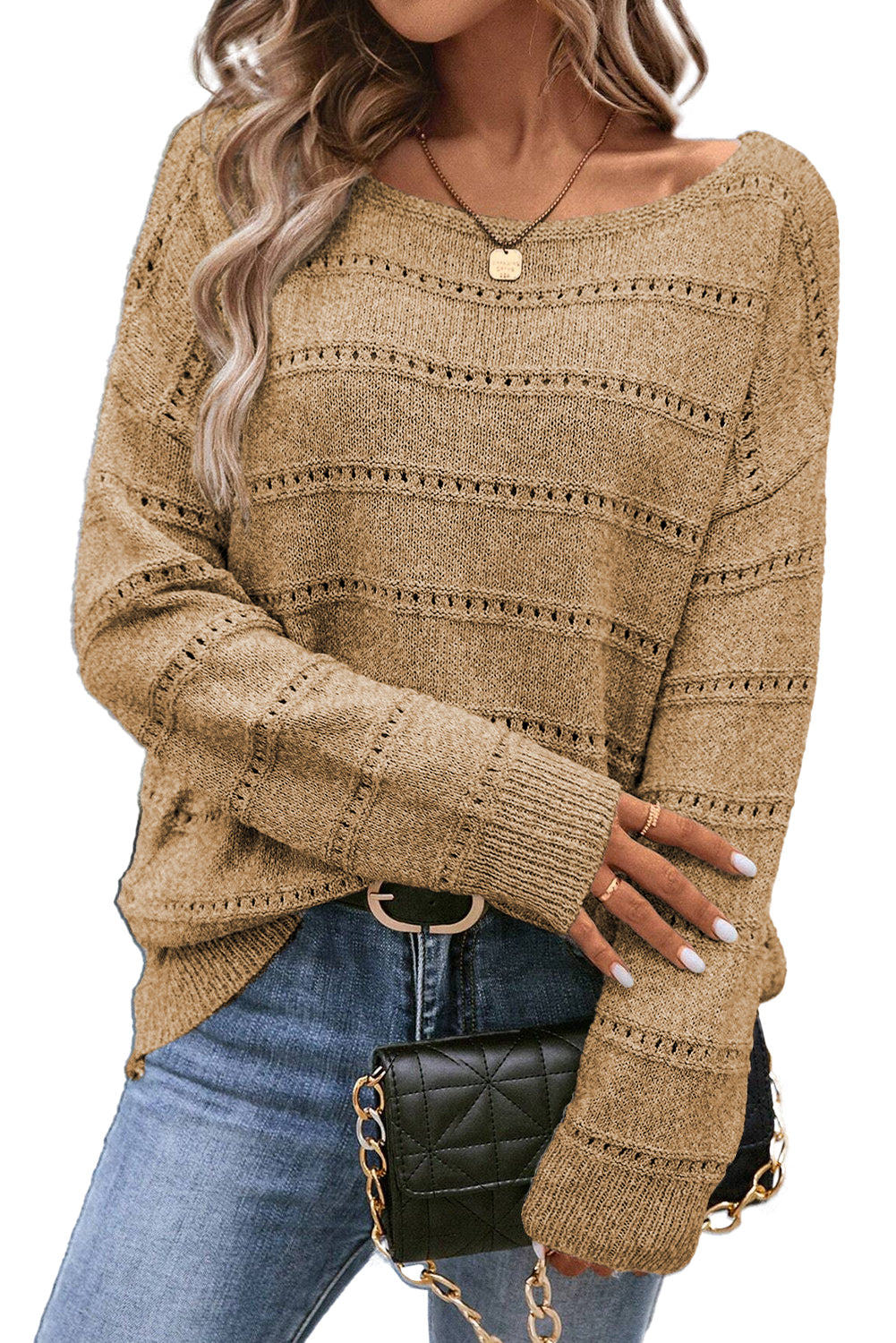 Pointelle Knit Boatneck Sweater