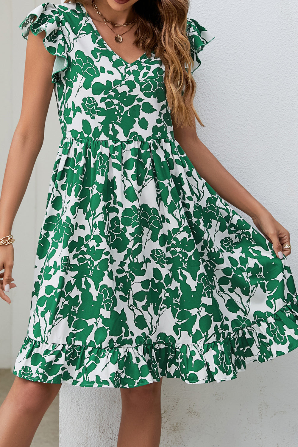 Floral Flutter Sleeve V-Neck Dress