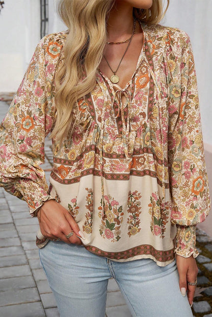 Floral Tie Neck Lantern Sleeve Blouse