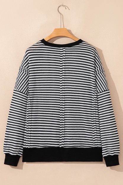 Stripe Ribbed Trim Drop Shoulder Top