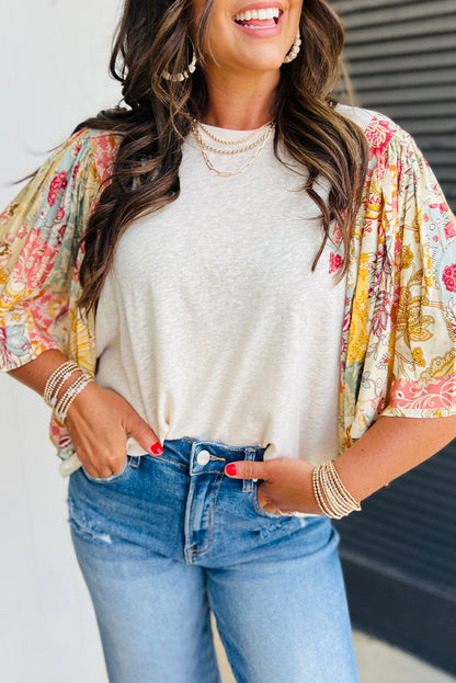 Floral Patchwork Batwing Sleeve Blouse