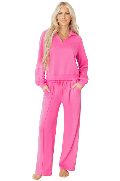 Solid Collared Top and Central Seam Pants Set