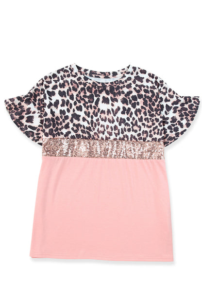 Leopard Sequin Colorblock Short Sleeve Top