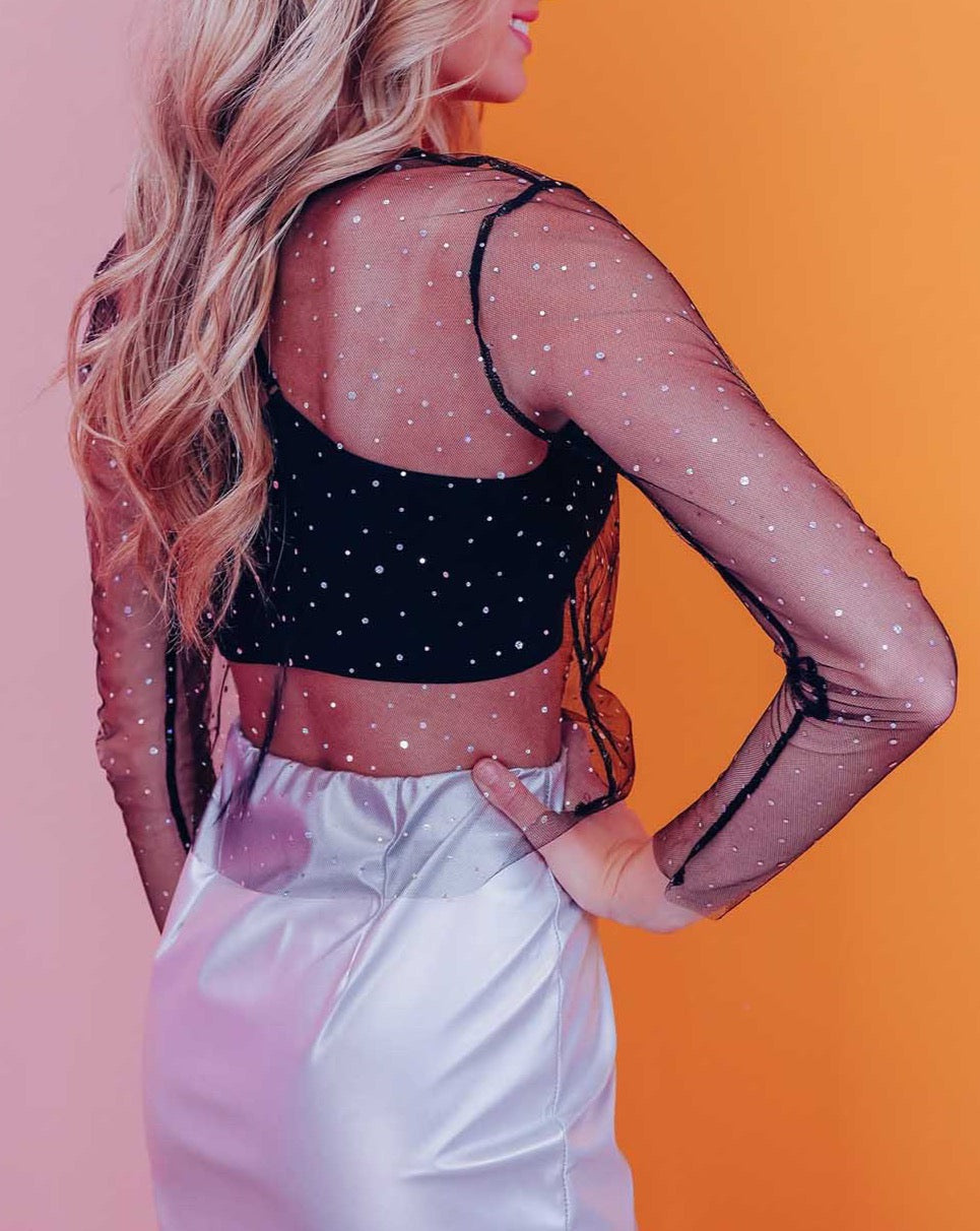 Rhinestone Embellished Mesh Top