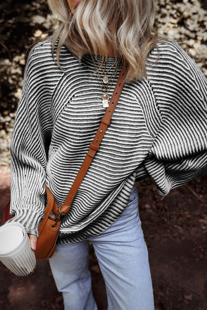 Stripe Ribbed Knit Boat Neck Sweater