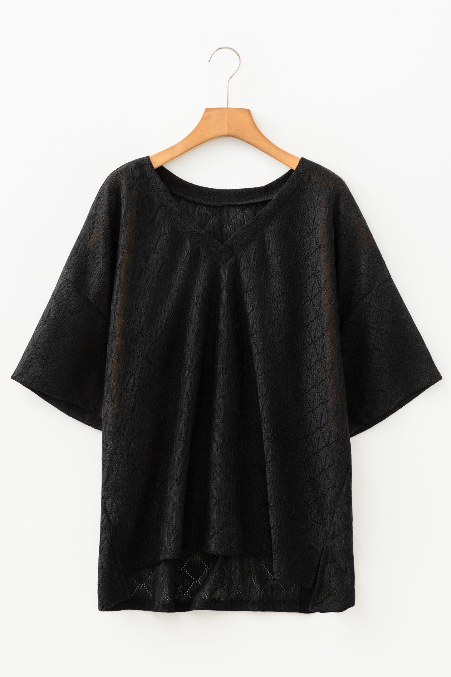 Plus Size Solid Pointelle Knit Rhombus V-Neck Top