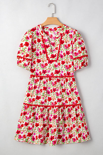 Floral Ricrac Puff Sleeve Pocketed Tiered Mini Dress