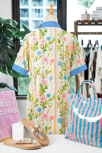 Floral Stripe Trim Button Down Dress