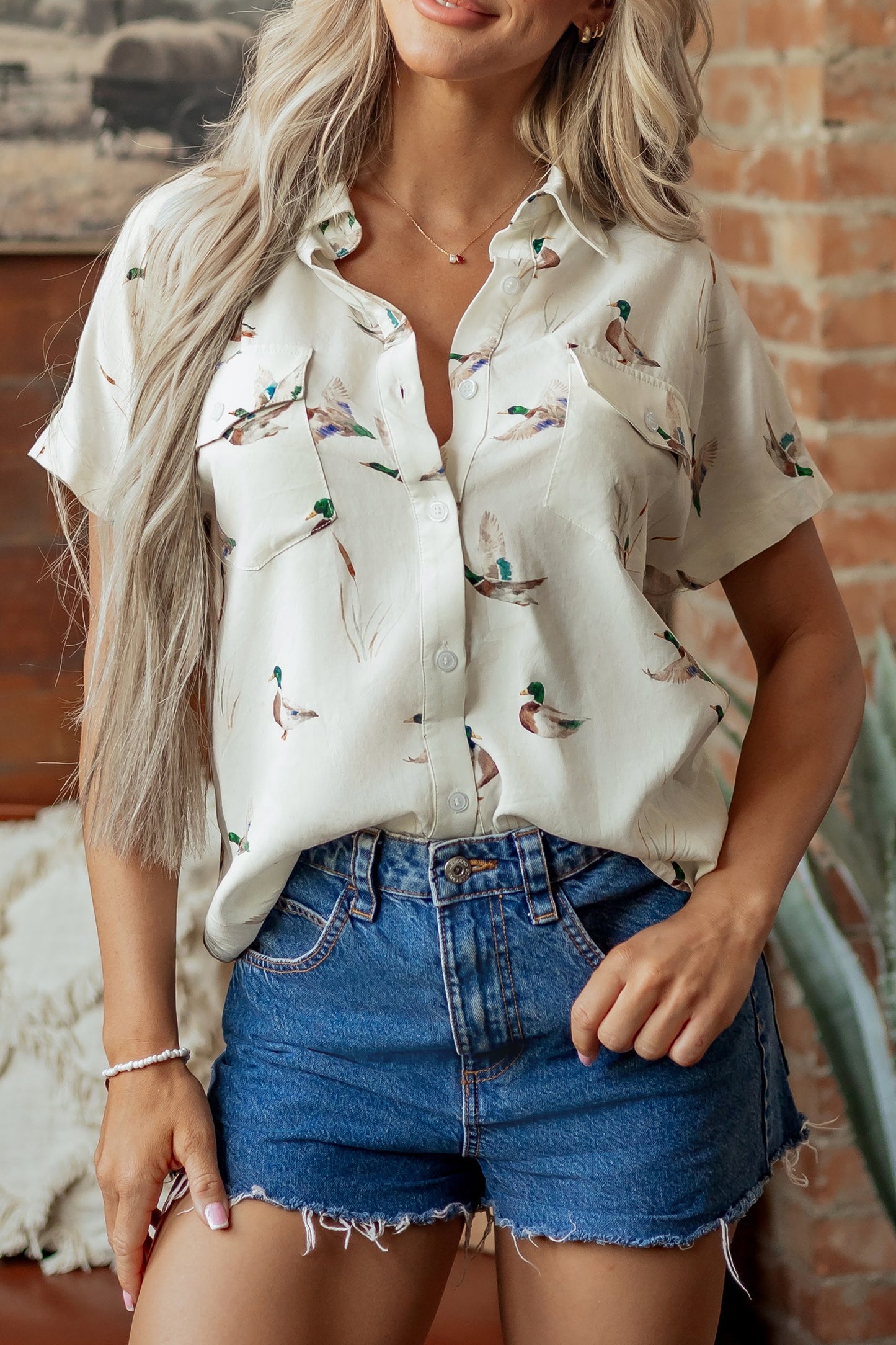 Mallard Button Flap Pocket Collared Blouse