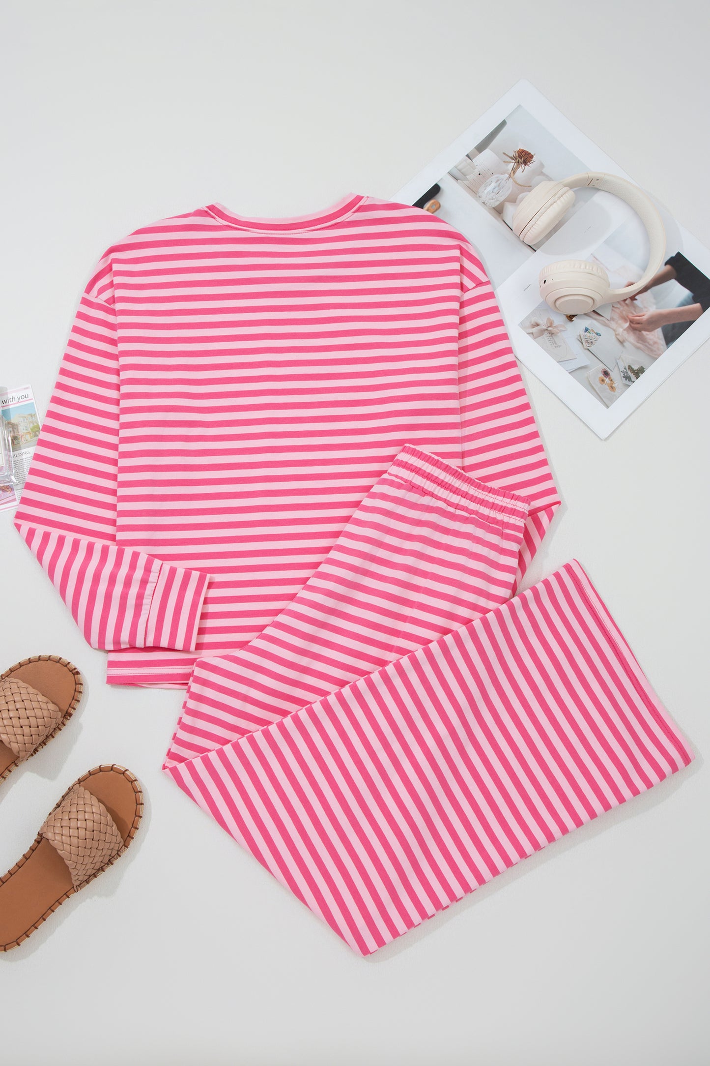 Stripe Drop Shoulder Top & Buttoned Pants Set