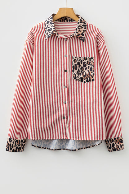 Stripe Leopard Patchwork Long Sleeve Buttoned Shirt