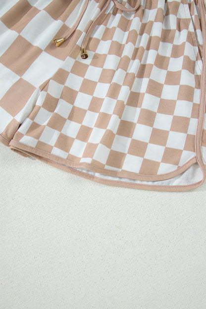 Checker Patchwork Beaded Drawstring Shorts