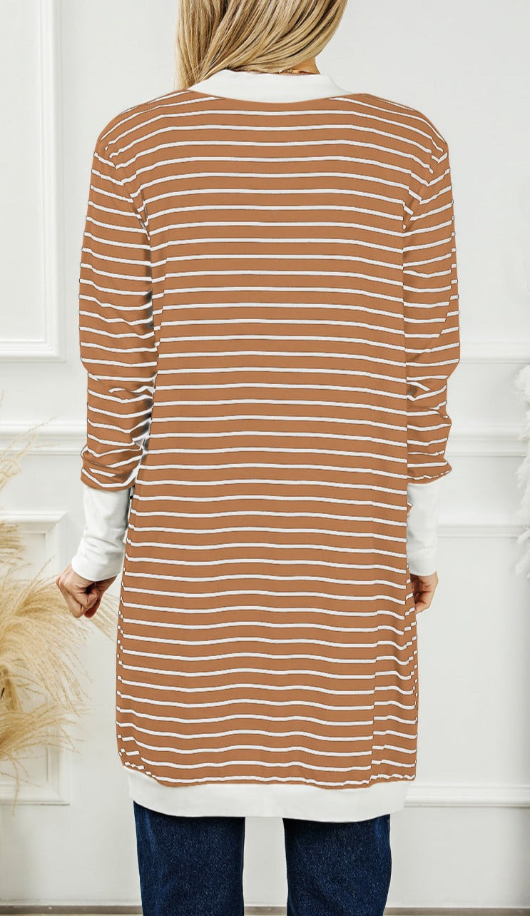 Stripe Pocketed Open Front Cardigan