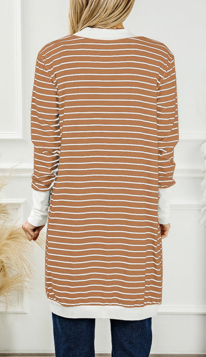 Stripe Pocketed Open Front Cardigan