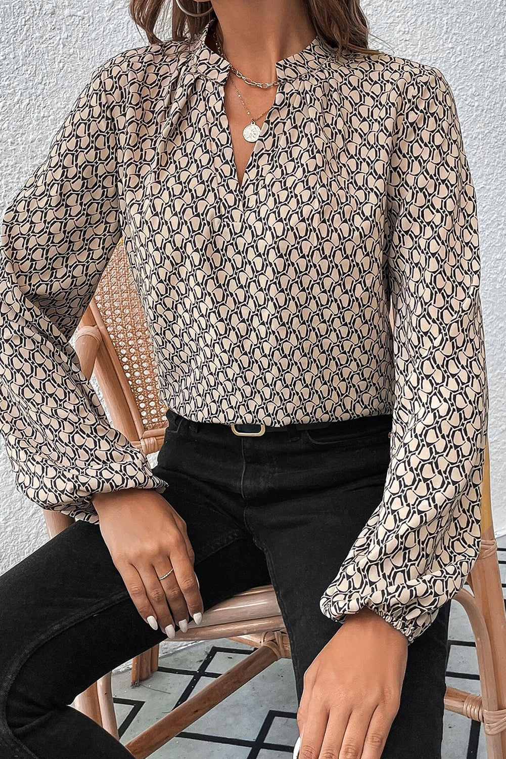 Geometric Puff Sleeve Blouse