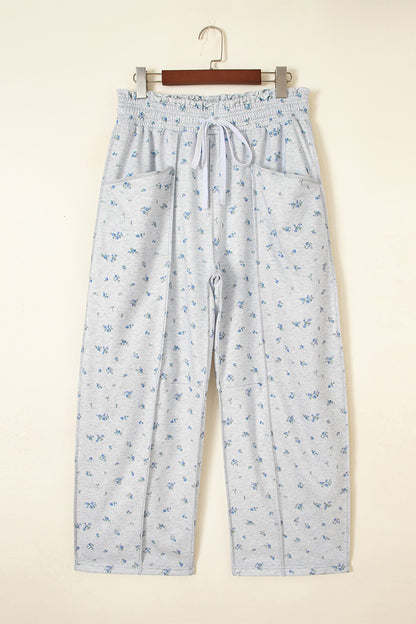 Floral Drawstring High Waist Seamed Barrel Pants