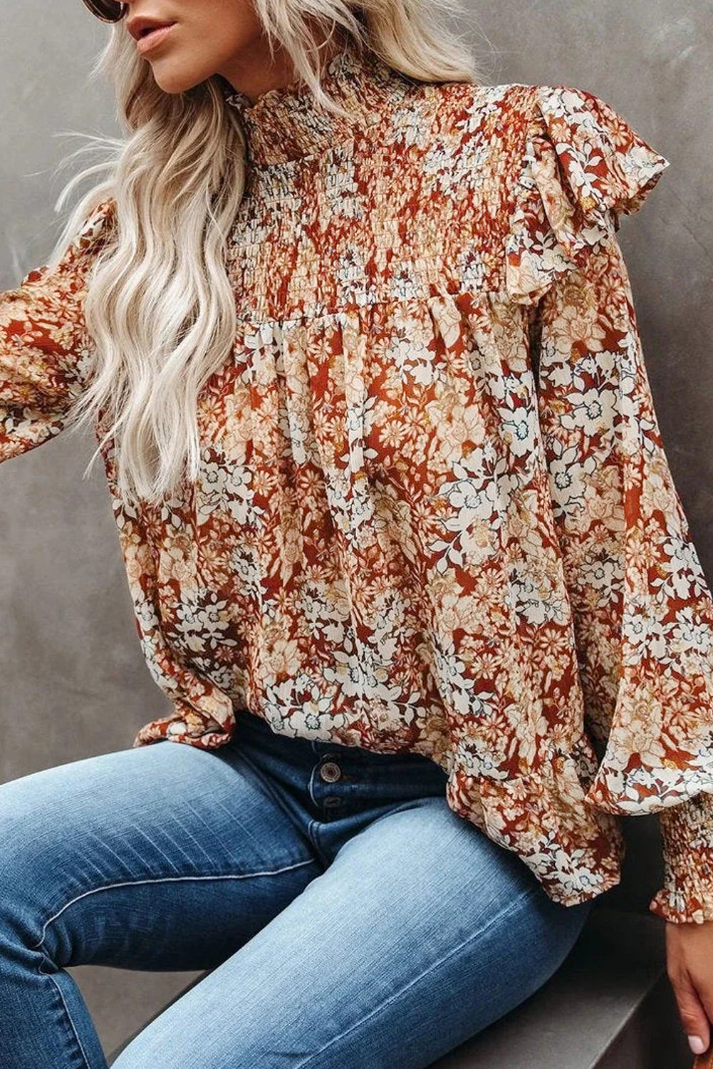 Floral Ruffle Smocked Turtleneck Blouse