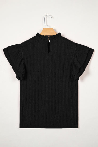 Solid Textured Ruffle Trim Short Sleeve Blouse