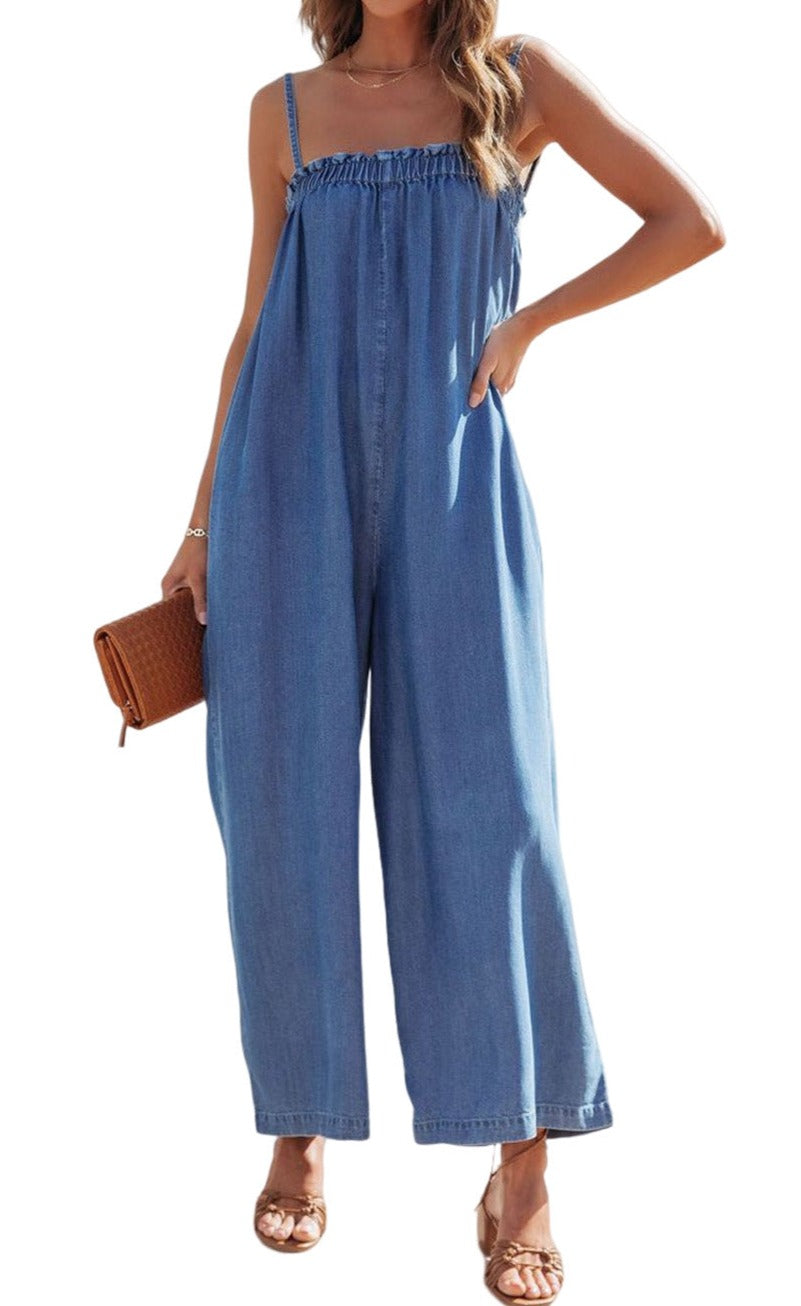 Denim Wide Leg Jumpsuit w/Pockets