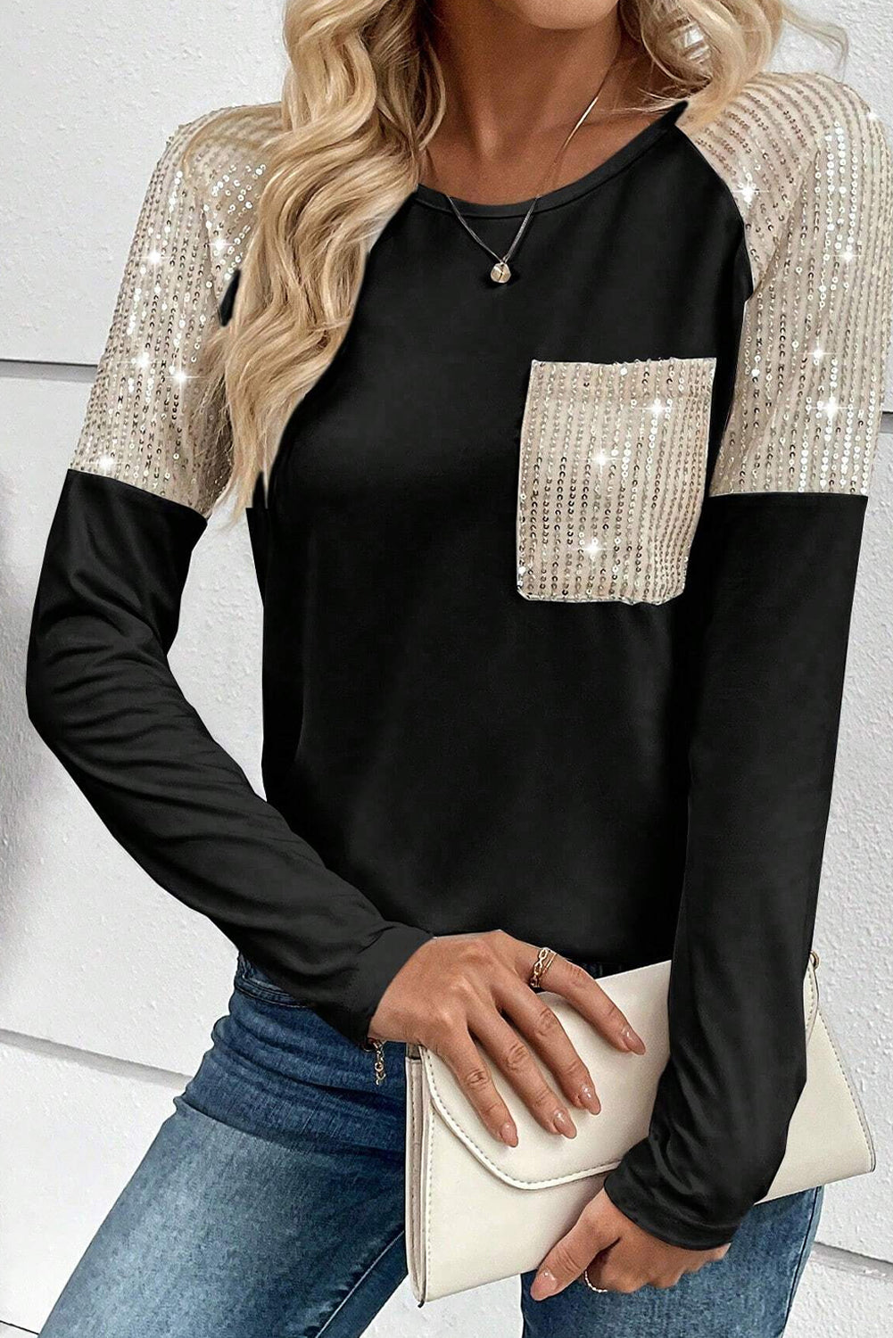 Sequin Patchwork Raglan Sleeve Top