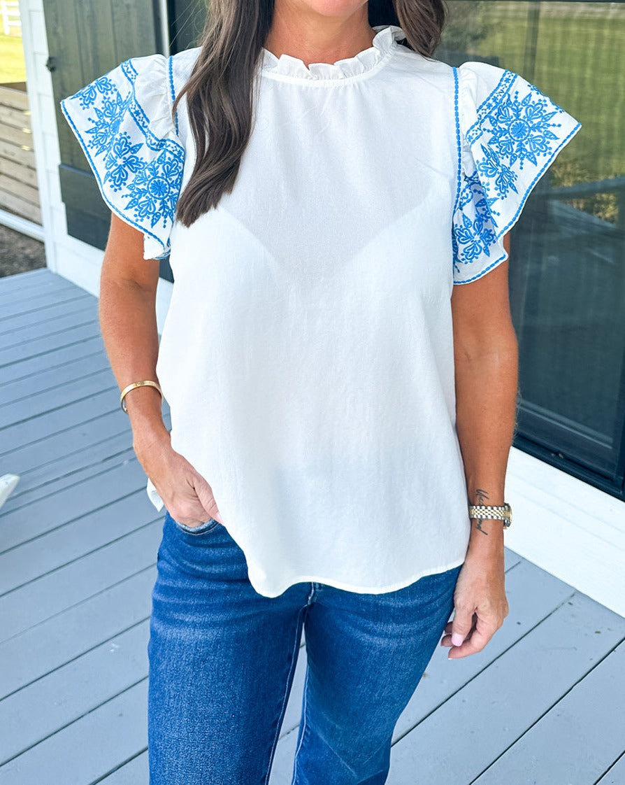 Embroidered Ruffle Sleeve Blouse